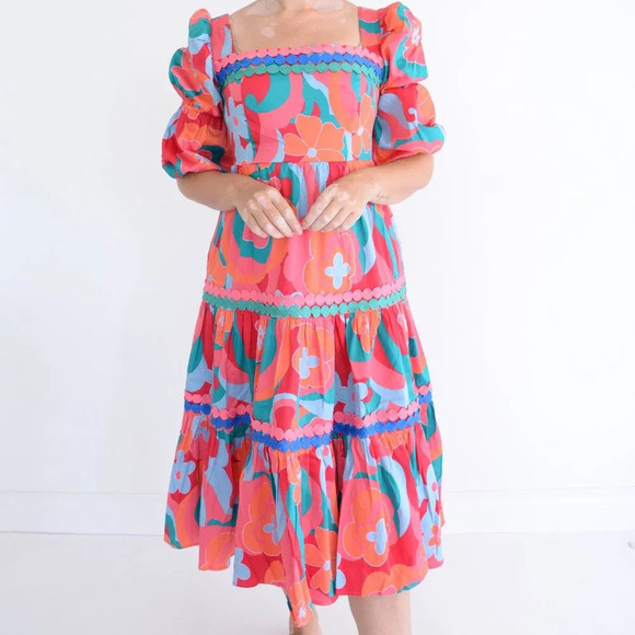 Alden Adair Mia Trippy Boho Red Floral Short Sleeve Midi Dress S NWT - Picture 2 of 14